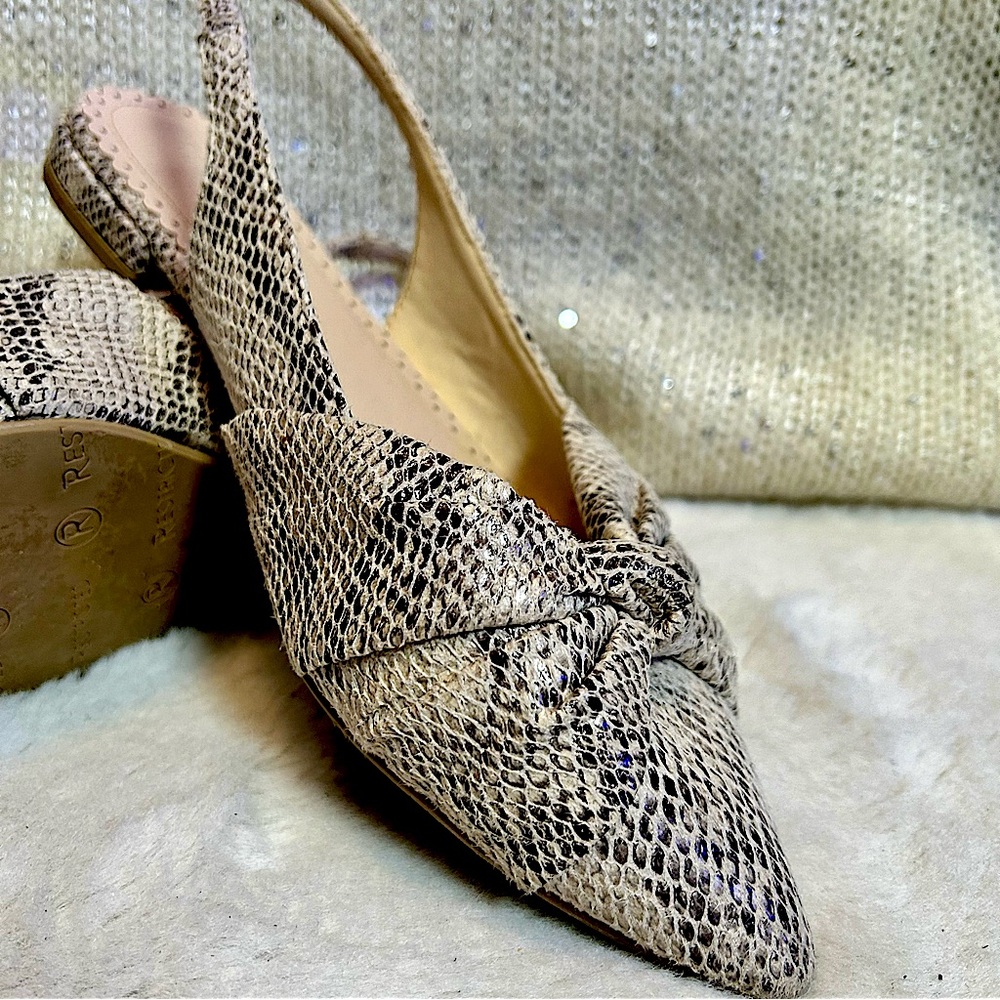Cream & Black Snakeskin Pointed Toe Slingback Flat